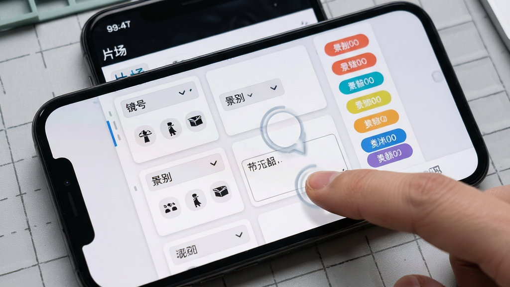 手机屏幕展示“片场”分镜脚本编辑界面,画面中央为分镜卡片列表,每张卡片包含镜号、景别下拉菜单、运镜图标和文本输入框。右侧有彩色标签分类栏。背景为浅灰色工作台纹理,风格现代简洁,细节上体现手指点击拖拽排序的动效。画质清晰,画面干净,无多余元素。
