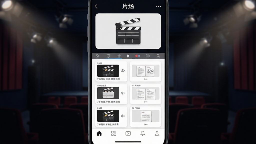 手机屏幕中央显示“片场”应用主界面,界面布局为上方横幅展示拍摄场记板图标,中部为分镜脚本卡片列表,下方为底部导航栏。背景为深色影院风格,点缀柔和聚光灯效果。排版简洁清晰,风格专业沉稳,细节上体现场记板、镜头、脚本纸张等元素。画质高清,画面干净,无多余元素。