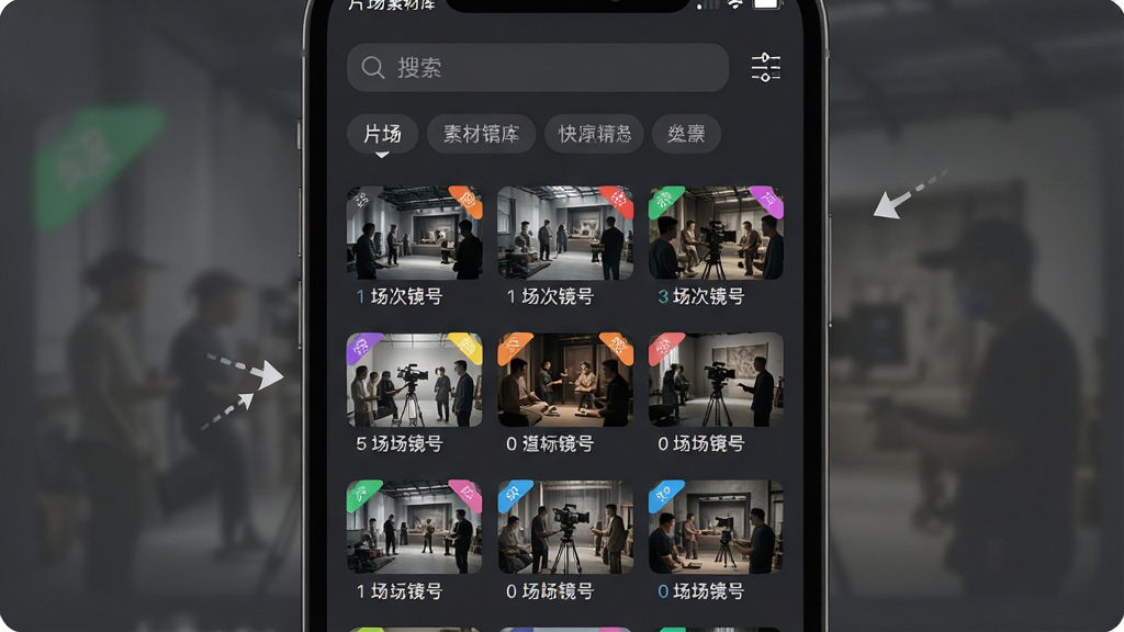 手机屏幕展示“片场”素材库界面,画面中央为网格排列的缩略图,每张缩略图下方显示场次镜号标签。顶部为搜索框与标签筛选栏。背景为深灰色磨砂质感,风格简约现代,细节上体现标签彩色角标与快速筛选动效。画质高清,画面干净,无多余元素。