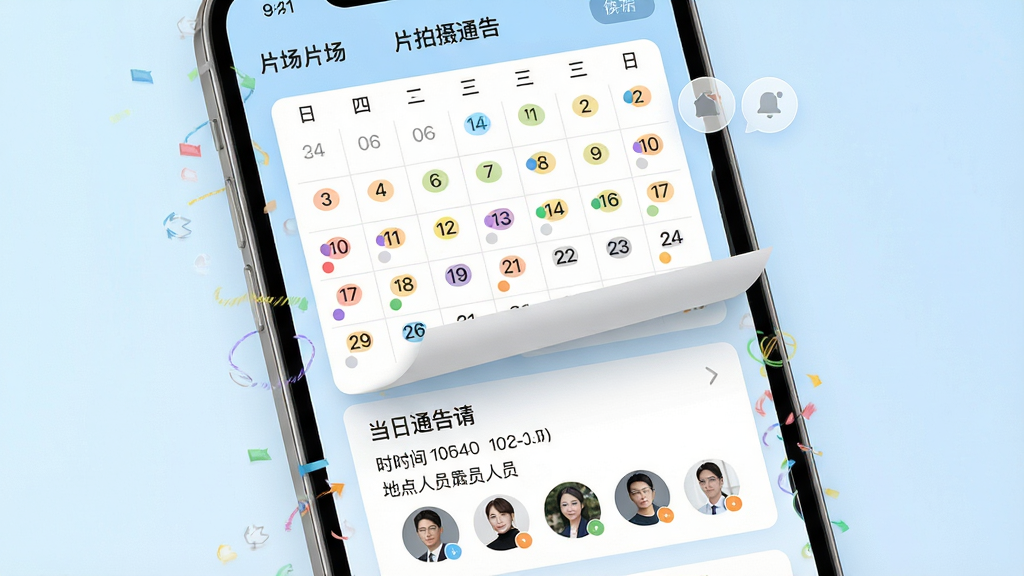 手机屏幕展示“片场”拍摄通告日历界面,画面中央为月历视图,日期格内标注不同颜色的拍摄任务圆点。下方为当日通告详情卡片,包含时间、地点、人员头像列表。背景为浅蓝色渐变,风格清新商务,细节上体现日历翻页与通知气泡。画质清晰,画面干净,无多余元素。