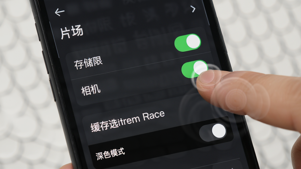 手机屏幕展示“片场”设置界面,画面中央为权限管理列表,存储权限与相机权限开关呈绿色开启状态。下方为缓存路径选择与深色模式开关。背景为深灰色,风格简洁实用,细节上体现手指点击权限开关的动效。画质清晰,画面干净,无多余元素。