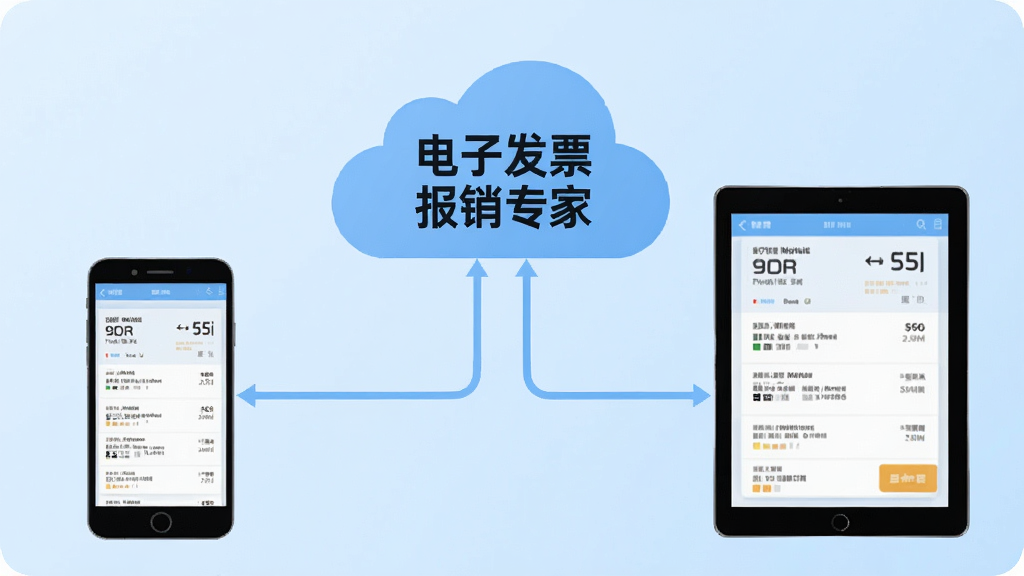 画面中央一部手机和一台平板电脑通过云朵图标连接,云朵中显示“电子发票报销专家”字样,手机和平板屏幕上都显示相同的发票列表界面,背景为柔和的浅蓝色渐变,整体风格为扁平化科技插画,排版对称,细节清晰,画质干净,无多余装饰