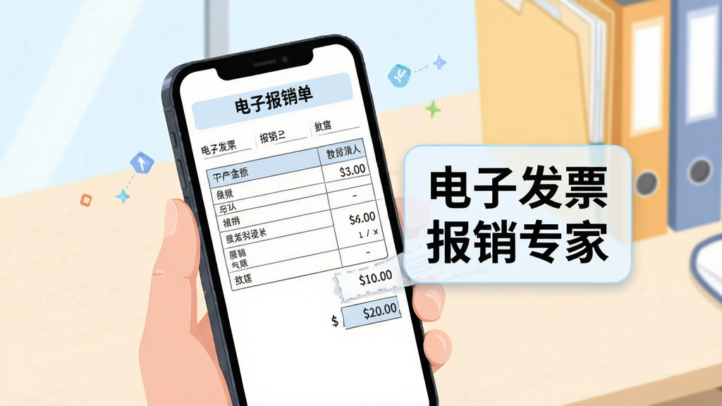 一部手机屏幕中显示一份已经生成好的电子报销单,报销单上有清晰的表格和金额汇总,手机旁边漂浮着“电子发票报销专家”文字标识,背景为浅色办公桌和文件夹,整体画面采用清新明亮的插画风格,排版整洁,细节丰富,画质清晰,干净无杂乱元素