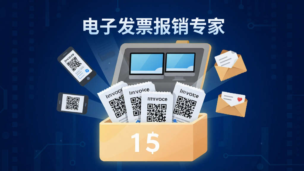 画面中央展示一个发光的数字收纳盒,收纳盒中整齐排列着多张带有二维码的电子发票图标,不同发票图标从手机、电脑、信封等方向飞入收纳盒,收纳盒上方悬浮“电子发票报销专家”字样,背景为深蓝色科技感渐变,整体风格简洁扁平化,细节清晰,画质干净,无多余装饰元素