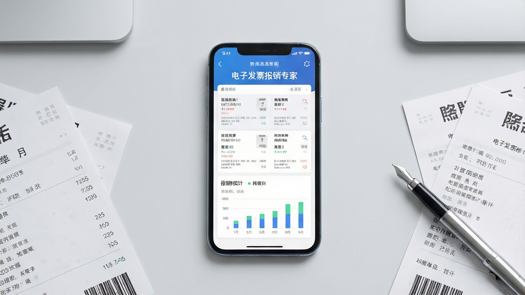 主视觉展示一张干净整洁的现代办公桌面,桌面中央放置一部智能手机,手机屏幕上清晰显示“电子发票报销专家”应用主界面,界面中包含发票列表和报销单统计图表,手机周围散落几张纸质发票和一支笔,背景为浅灰色极简风格,光线明亮柔和,整体构图居中对称,画质清晰锐利,干净无多余元素