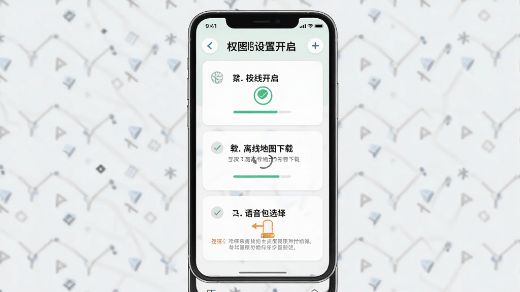 一张展示手机语音导航地图新手设置引导页面的图片,画面中手机屏幕显示权限开启、离线地图下载和语音包选择三个步骤,布局为纵向排列,排版清晰,风格为友好引导式设计,细节包括勾选图标、进度指示和温馨提示文字,画质高清,画面干净,无多余元素