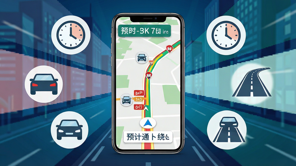 一张展示手机语音导航地图实时路况功能的图片,画面中央是手机屏幕显示红黄绿三色路况地图,周围环绕着汽车、时钟和畅通道路的图标,布局以手机为中心向外辐射,排版动感,风格为现代都市风,细节包括拥堵路段标记、预计通行时间和绕行建议,画质清晰,画面干净,无多余元素