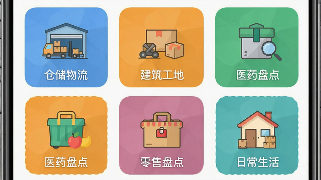 拍照计数助手多场景适用模式功能展示,主体为手机界面截图,界面中展示多个场景模式图标,包括仓储物流、建筑工地、医药盘点、零售盘点、日常生活,每个图标配有小插图,布局为网格排列,风格为扁平化设计,细节包括图标颜色的区分、文字标签的清晰度、界面的整洁度,画质为高清UI设计图,画面干净,无多余元素