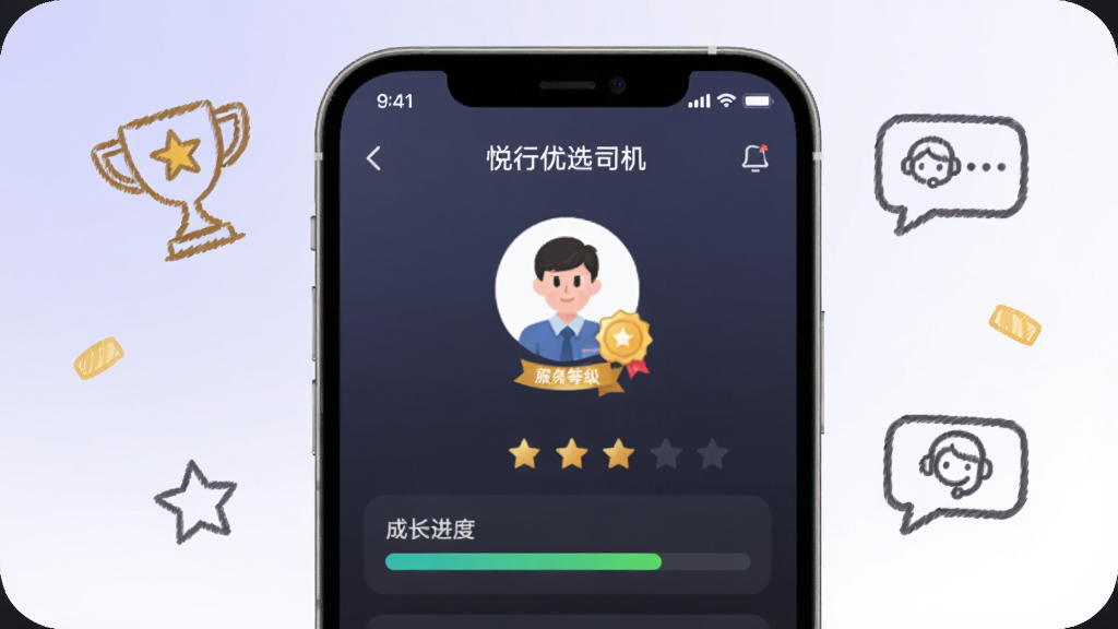 �ֻ���Ļ��ʾ������ѡ˾���˵ĸ�������ҳ�棬ҳ������˾��ͷ�񡢷���ȼ����¡��Ǽ����ֺͳɳ�����������Ļ��Χ�н��������ǺͿͷ��Ի���ļ�ʻ�ͼ�ꡣ����Ϊǳ��ɫ����ɫ�Ľ��䣬������Բ�ǣ����������ɾ����޶���װ�Ρ�