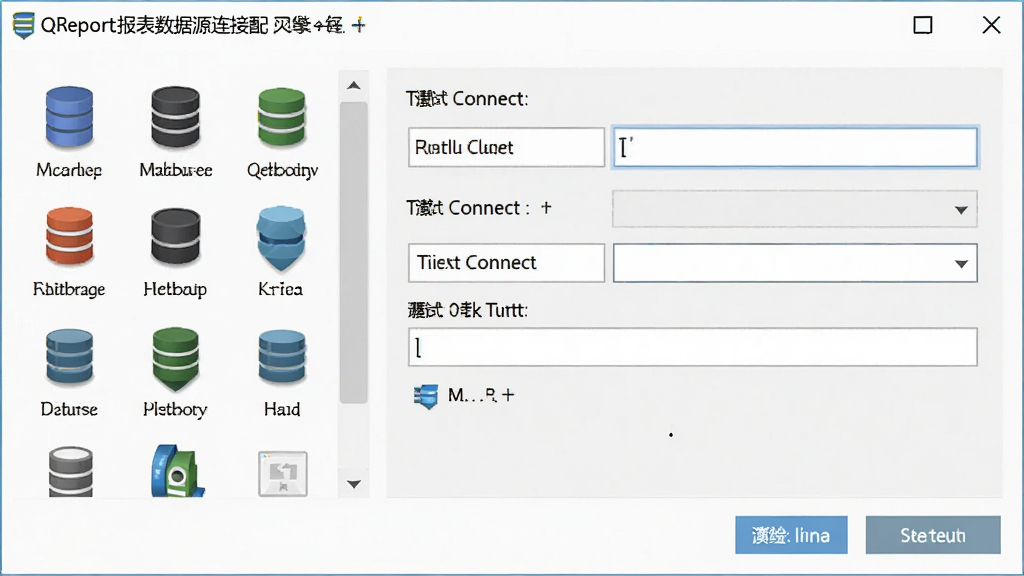 一张展示QReport报表数据源连接配置界面的图片,画面中是一个软件对话框窗口,左侧列出多种数据库类型图标,右侧为连接参数填写区域,整体布局清晰,排版简洁,风格为现代商务软件界面,细节包括数据库图标、输入框、测试连接按钮,画质清晰,干净,无多余元素