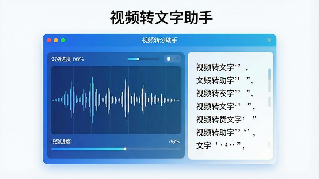 一张展示智能语音识别过程的示意图,画面主体为视频转文字助手软件界面,中间有音频波形图,右侧是逐行生成的文字内容,界面顶部显示“视频转文字助手”名称,整体风格科技感强,蓝白渐变配色,细节包括识别进度百分比和标点符号,画质清晰,干净,无多余元素