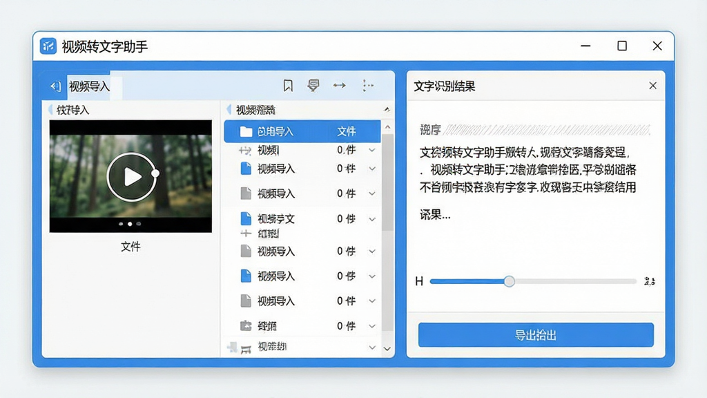 一张干净简洁的软件界面展示图,主体为视频转文字助手软件主窗口,左侧是视频文件导入区域,右侧是文字识别结果预览面板,顶部有软件名称“视频转文字助手”字样,整体布局清晰,采用蓝白配色,扁平化设计风格,细节包括文件列表、进度条、导出按钮,画质清晰,干净,无多余元素