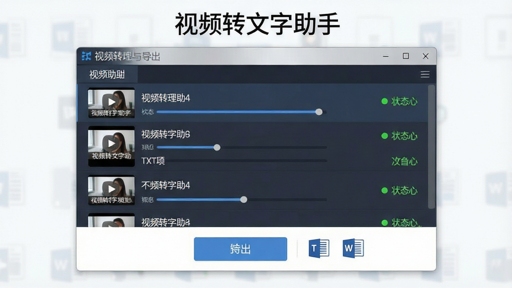 一张展示批量处理与导出的示意图,画面中视频转文字助手软件窗口内显示多个视频文件任务列表,每个任务后面有状态标记,底部有导出按钮,导出格式图标包括TXT和Word,界面风格简洁商务,顶部有“视频转文字助手”字样,画质清晰,干净,无多余元素