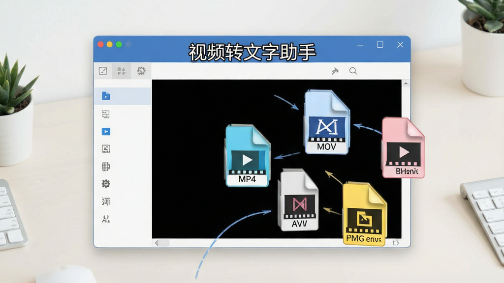 一张展示多格式视频文件导入的示意图,画面中央是视频转文字助手软件窗口,多个不同格式的视频文件图标(MP4、AVI、MOV等)正被拖入软件界面,背景为浅色办公桌面,风格简洁现代,文字标注“视频转文字助手”在窗口顶部,画质清晰,干净,无多余元素