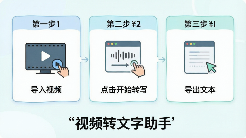 一张展示视频转文字助手新手操作步骤的示意图,画面分为三个步骤框,第一步导入视频,第二步点击开始转写,第三步导出文本,每个步骤配有简洁图标,底部有“视频转文字助手”名称,整体风格清新浅色,布局清晰,画质干净,无多余元素