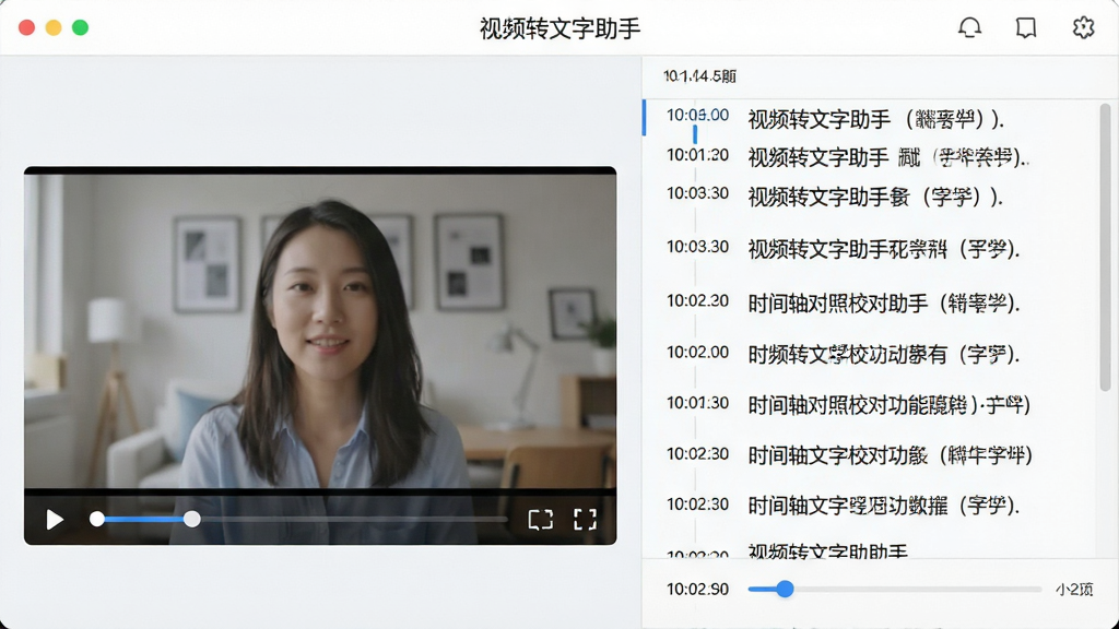 一张展示时间轴对照校对功能的示意图,画面为视频转文字助手软件界面,左侧是视频播放窗口,右侧是带时间戳的文字列表,时间戳与视频进度条对应,顶部有“视频转文字助手”名称,整体风格清爽,浅色背景,细节包括播放控制按钮和时间码,画质清晰,干净,无多余元素