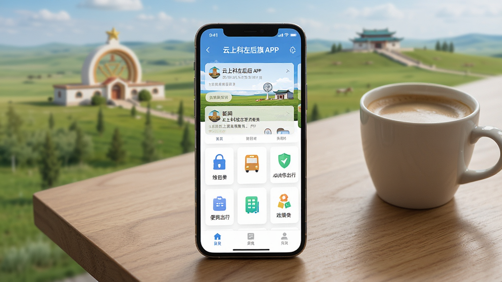 一张展示智能手机屏幕的图片,屏幕上显示着云上科左后旗APP的主界面,界面中包含新闻资讯卡片、便民服务图标如缴费、出行、政务等,背景是科左后旗标志性建筑或草原风景,整体布局清晰,手机放置在木质桌面上,旁边有一杯咖啡,风格现代简约,细节丰富,画质高清,干净,无多余元素