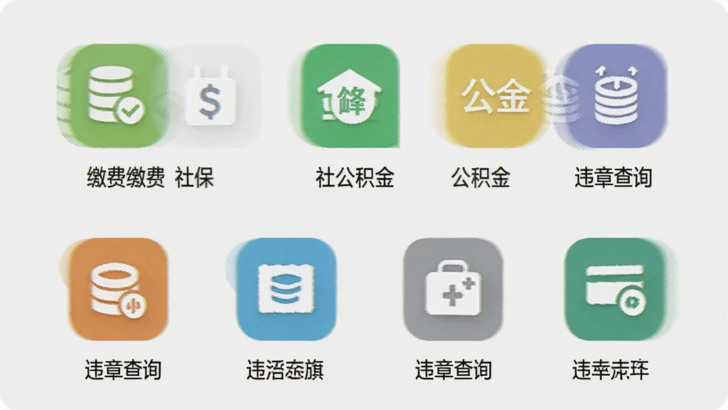 一张手机应用功能界面的图片,展示云上科左后旗的便民服务板块,界面上有缴费、社保、公积金、违章查询等彩色图标,图标下方有文字说明,背景为浅灰色,布局为网格状,风格简洁明快,画质高清,干净,无多余元素