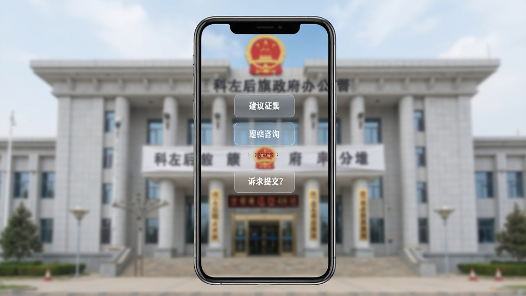 一张展示政务互动界面的手机图片,屏幕上有在线咨询、建议征集、诉求提交等按钮,背景是科左后旗政府办公大楼的虚化影像,界面风格庄重而现代,画质高清,干净,无多余元素