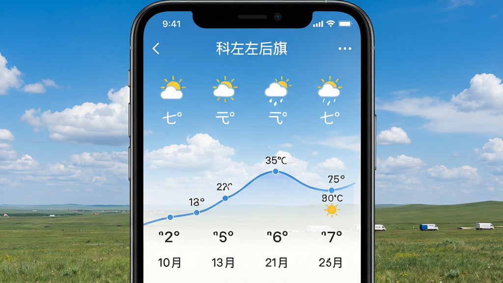 一张手机天气界面截图,显示科左后旗天气预报,界面中有未来七天的天气图标、温度曲线和日期,背景是蓝天白云下的科左后旗草原风光,界面风格清爽,画质高清,干净,无多余元素