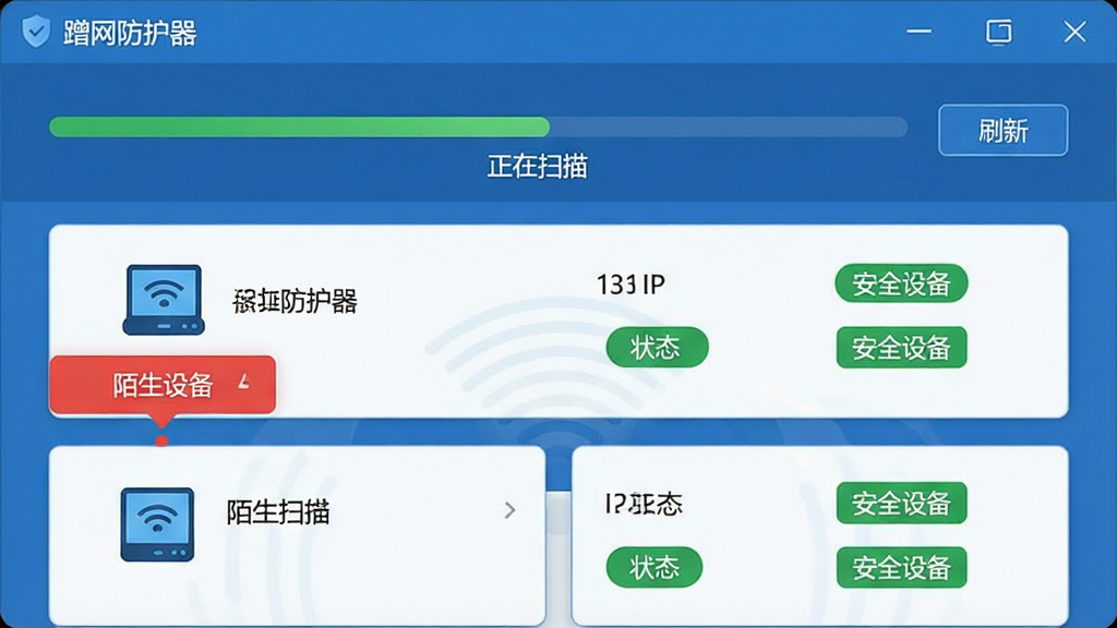 һ��չʾ����������ʵʱɨ�蹦�ܵĽ����ͼ���ͼƬ������������������������豸�б����򣬲��ֲ������½ṹ���Ϸ�Ϊɨ���������ˢ�°�ť���·�Ϊ�������е��豸��Ƭ��ÿ����Ƭ�����豸ͼ�ꡢ���ơ�IP��״̬��ǩ���Ű������в�Σ����Ϊ��ƽ���Ƽ�������ϸ�ڰ���һ����ɫ�����ġ�İ���豸����Ǻ���ɫ�ġ���ȫ�豸����ǣ����������ɾ���ͼƬ�����ְ������������������͡�����ɨ�衱���޶���Ԫ��