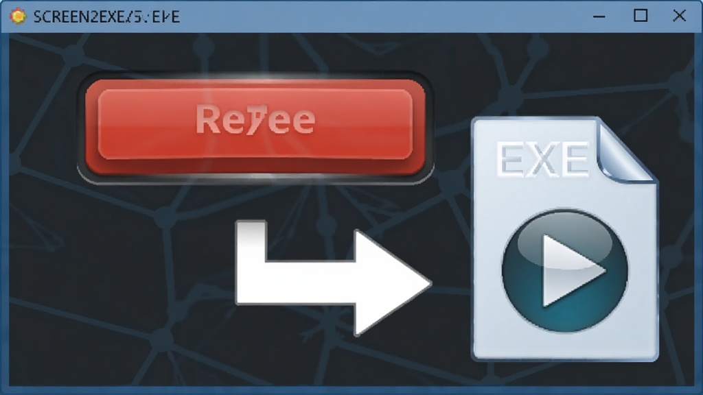չʾ SCREEN2EXE һ������ EXE �ļ��Ĺ��̣�����Ϊ������������һ����Ŀ�ĺ�ɫ¼�ư�ť����ť�·���һ����ͷָ��һ�����в������Ƿ��ŵ� EXE �ļ�ͼ�꣬����Ϊ���½ṹ���Ű���ֱ�ۣ����Ϊ��ƽ��ͼ����ƣ�ϸ���ϰ�ť�����尴ѹ�У�EXE ͼ����й��󣬻����������ɾ����޶���Ԫ��