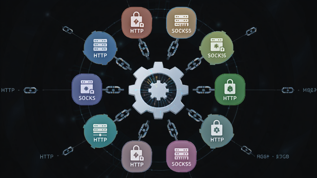 Proxifier 多代理协议支持示意图,主体为代理协议图标环绕中心齿轮,布局采用圆形放射状结构,排版均衡,风格为科技感图标设计,细节包含 HTTP、SOCKS5 等文字标识和链条连接符号,画质高清,画面干净,无多余元素