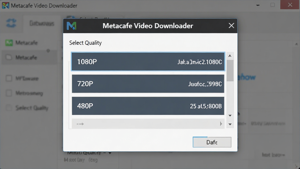 一张软件功能界面截图,画面中央是 Metacafe Video Downloader 的下载选项弹窗,弹窗内列出多个清晰度选项,如“1080P”、“720P”、“480P”,每个选项旁有对应的文件大小。整体布局居中,风格简约商务,细节清晰,屏幕文字显示“Metacafe Video Downloader”和“Select Quality”。画质高清,干净,无多余元素。