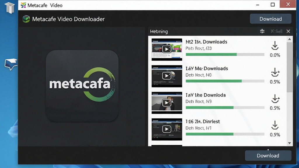 一张电脑桌面截图,画面中央是 Metacafe Video Downloader 软件主界面,界面左侧显示 Metacafe 网站图标,右侧是视频下载列表,包含多个视频缩略图和下载进度条。整体布局简洁,采用深色主题,风格现代科技感,细节清晰,屏幕文字显示“Metacafe Video Downloader”和“Download”按钮。画质高清,干净,无多余元素。