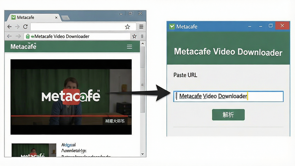 一张软件操作示意图,画面左侧是浏览器中打开的一个 Metacafe 视频页面,右侧是 Metacafe Video Downloader 软件窗口,一条箭头从浏览器地址栏指向软件输入框,输入框内显示链接,下方有“解析”按钮。整体布局左右对比,风格扁平化,细节清晰,屏幕文字显示“Metacafe Video Downloader”和“Paste URL”。画质高清,干净,无多余元素。
