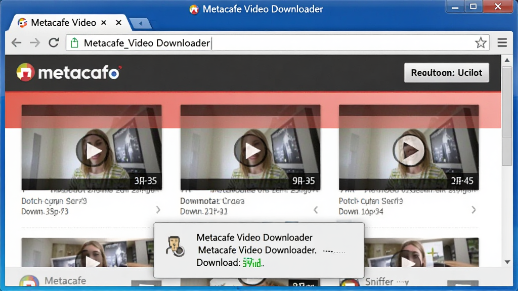 一张软件内置浏览器界面截图,画面中显示 Metacafe Video Downloader 内嵌的网页浏览窗口,网页内容是 Metacafe 视频列表,窗口上方有地址栏和嗅探按钮,下方有下载提示浮窗。整体布局为浏览器风格,细节清晰,屏幕文字显示“Metacafe Video Downloader”和“Sniffer”。画质高清,干净,无多余元素。