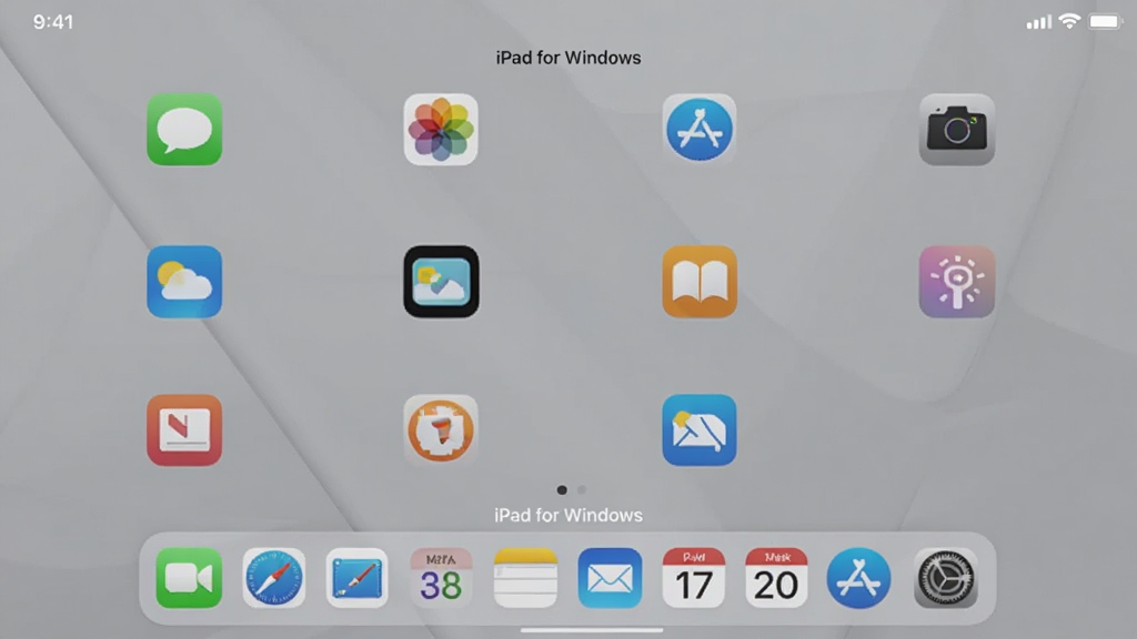 һ����д��ͼ��չʾ������Ļ�ϵķ� iPad �����棬Բ��ͼ���������У��ײ� Dock ���ж������Ӧ��ͼ�꣬����״̬����ʾ��9:41���͵��ͼ�꣬����Ϊǳ��ɫ������࣬�����������޶���Ԫ�أ�ͼƬ��������ʾ��iPad for Windows��