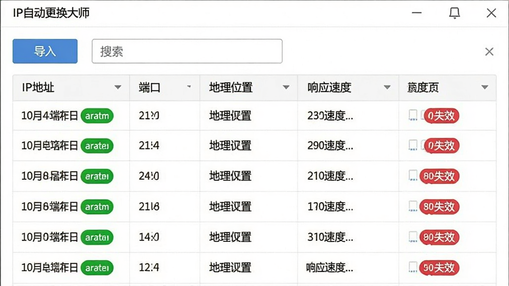 软件“IP自动更换大师”的批量IP管理界面截图,画面展示一个表格状列表,包含IP地址、端口、地理位置、响应速度等列,表格上方有导入按钮和搜索框,背景为白色,布局规整,风格商务简约,细节包括绿色可用状态标签和红色失效标签,画质高清,干净,无多余元素