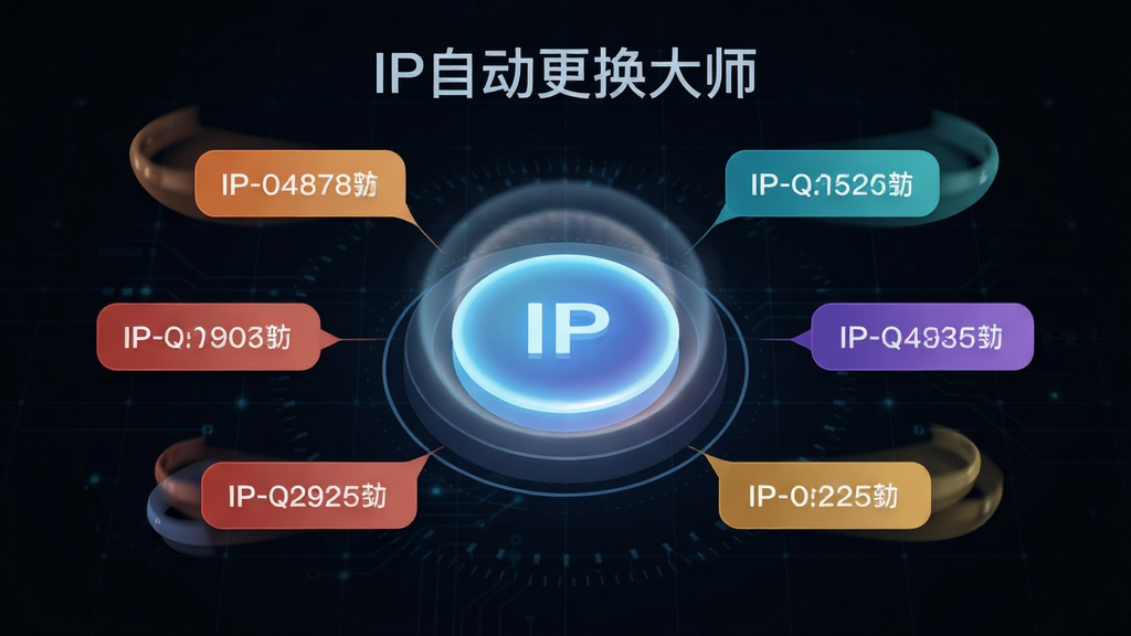 软件“IP自动更换大师”的智能切换功能展示图,画面主体为一个发光的圆形切换按钮,周围环绕多个不同颜色的IP地址标签,背景为深色科技网格,布局中心对称,风格现代简约,细节包括按钮按下时的光晕扩散效果、IP标签流动动画,画质高清,干净,无多余元素