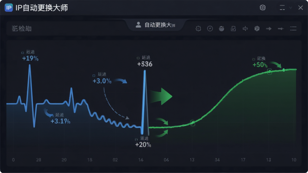 软件“IP自动更换大师”的网络检测与故障切换功能示意图,画面主体为一条心电图式的网络延迟曲线,曲线突然中断后自动连接至另一条绿色曲线,背景为深色仪表盘风格,布局横向展开,风格数据可视化,细节包括延迟数值标注和切换动画箭头,画质高清,干净,无多余元素