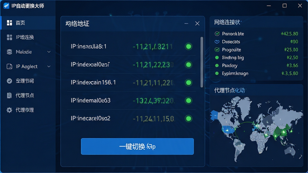 一款名为“IP自动更换大师”的Windows桌面软件界面,主体为深蓝色科技感设计,界面中央展示IP地址列表与一键切换按钮,左侧为功能导航栏,右侧显示网络连接状态与代理节点地图,布局清晰对称,风格简洁专业,细节包括IP地址数字跳动效果、绿色连接成功指示灯,画质高清,干净,无多余元素