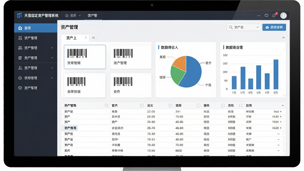 天意固定资产管理系统软件界面全貌预览图,主体为电脑屏幕展示资产管理软件主界面,布局为左侧功能导航栏、顶部菜单栏、中央资产列表与数据图表区域,排版整齐清晰,风格为现代商务简约风,细节包含资产卡片、条形码图标、统计饼图与柱状图、表格数据行,画质高清,干净,无多余元素