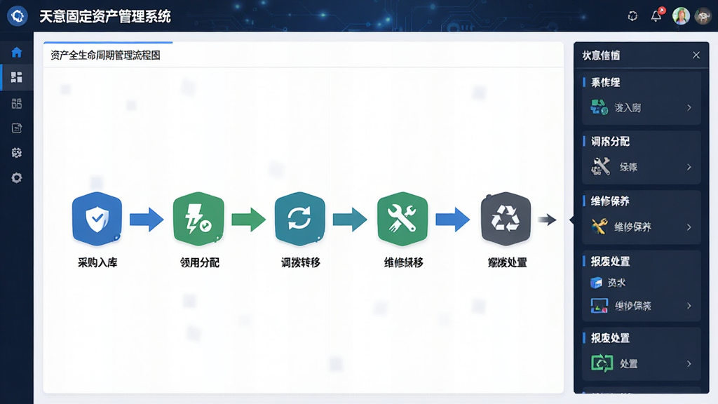 天意固定资产管理系统资产全生命周期管理流程图界面,主体为软件中的资产流转时间轴与状态节点展示,布局为横向流程图配合纵向详细信息面板,排版清晰有序,风格为商务科技风,细节包含采购入库图标、领用分配图标、调拨转移图标、维修保养图标、报废处置图标以及连接箭头,画质高清,干净,无多余元素