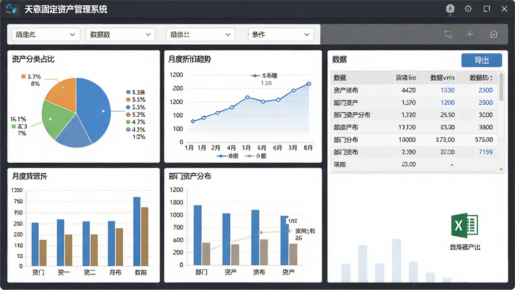 天意固定资产管理系统数据报表与图表分析界面,主体为软件中的数据看板页面,布局为上方筛选条件栏、左侧饼图与柱状图、右侧数据表格与导出按钮,排版规整,风格为商务数据可视化风,细节包含资产分类占比饼图、月度折旧趋势折线图、部门资产分布柱状图、Excel导出图标,画质高清,干净,无多余元素