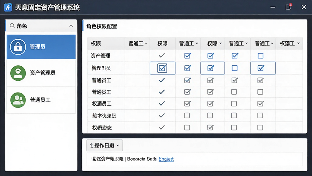 天意固定资产管理系统多角色权限管理设置界面,主体为软件中的角色权限配置页面,布局为左侧角色列表、右侧权限勾选矩阵表格,排版对称工整,风格为商务管理风,细节包含管理员角色图标、资产管理员角色图标、普通员工角色图标、权限复选框、操作日志入口,画质高清,干净,无多余元素