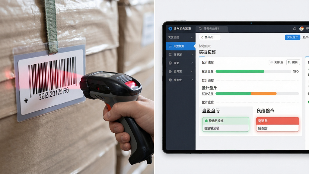 天意固定资产管理系统条码扫码盘点功能展示图,主体为工作人员手持扫码枪扫描资产标签与软件盘点界面同屏显示,布局为左侧实物资产标签特写、右侧软件盘点数据实时更新界面,排版左右分栏,风格为现代办公写实风,细节包含条形码标签、扫码枪光束、盘点进度条、盘盈盘亏高亮提示,画质高清,干净,无多余元素