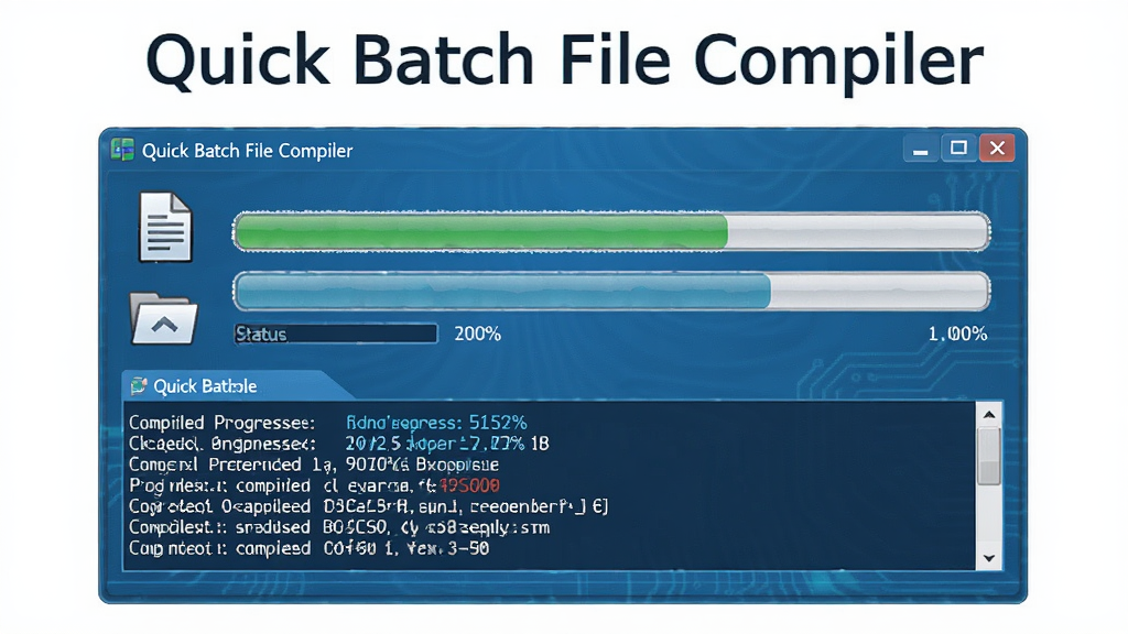 һ��չʾ Quick Batch File Compiler ������̵�ʾ��ͼ������Ϊ����������ȴ��ڣ�����������ʾ�����������״̬��Ϣ���Ű��࣬���Ϊ�Ƽ���ʮ�����ɫ�����棬ϸ�ڰ����ļ�ͼ�ꡢ���Ȱٷֱȡ�������־������򣬻�����������ʾ 