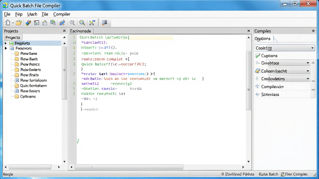 һ��չʾ Quick Batch File Compiler ���������ͼƬ������Ϊ���������ڣ����������Ǵ���༭�������Ϊ��Ŀ�ļ��б����Ҳ�Ϊ����ѡ����壬�Ű��������������Ϊ�ִ� Windows ����Ӧ�÷��ϸ�ڰ����˵�������������ť��״̬����������������ʾ 