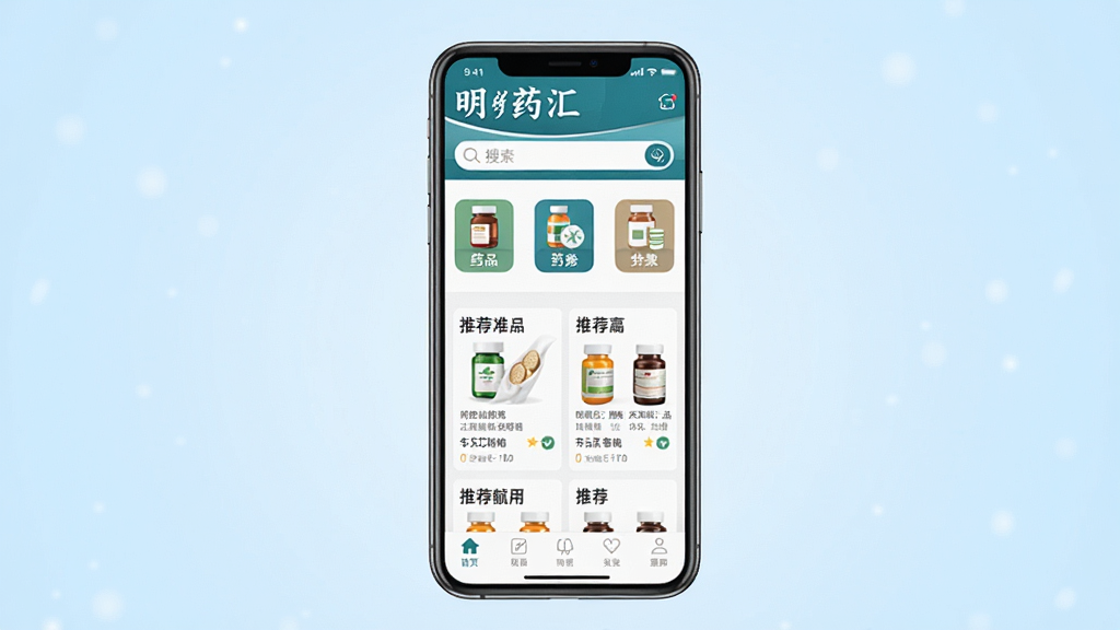 һ��չʾ��ҩ���ֻ�Ӧ���������ͼƬ������������һ�������ֻ�����Ļ����ʾ��ҩ��APP����ҳ��ҳ�涥������ҩ��Ʒ�Ʊ�ʶ���������м䲿��չʾҩƷ����ͼ����Ƽ�ҩƷ�б����ײ��е�����������Ϊ����ǳ��ɫ���䣬����������רҵ�������������ɾ��޶���Ԫ�ء�