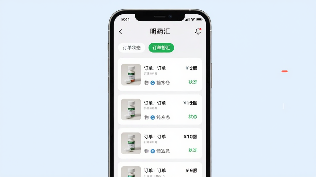 һ���ֻ�չʾ��ҩ�㶩���������棬��Ļ�Ϸ���ʾ����״̬��ǩ���м��Ƕ����б���ÿ��������Ƭ����ҩƷ����ͼ��������š���������״̬������Ϊ���ŵ�ǳ��ɫ���������ˬ�������������ɾ��޶���Ԫ�ء�