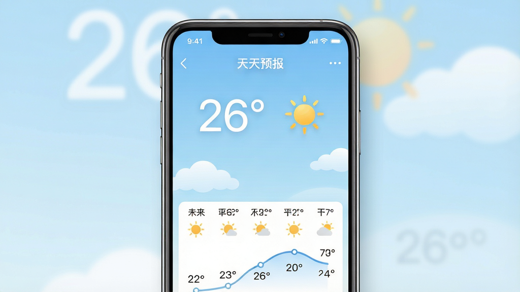 一张展示天天预报手机应用主界面的高清图片,画面中央是手机屏幕,屏幕内显示天天预报APP的实时天气页面,上方有大字显示当前温度26度和晴天的图标,背景是淡蓝色渐变天空与几朵白云,下方排列着未来几天的天气趋势小图标和温度曲线,整体布局简洁清爽,风格为现代扁平化设计,细节包括清晰的数字字体和柔和的光影,画质为4K超清,画面干净无多余元素