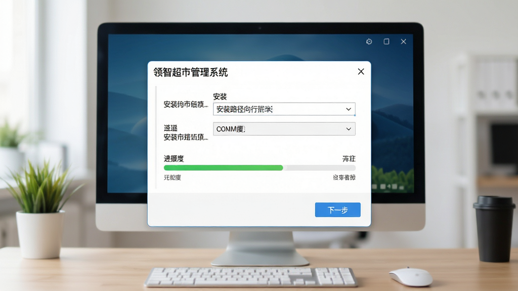 一张AI生成的电脑端操作场景图,画面主体是“领智超市管理系统”的安装向导界面,布局为居中弹窗,风格简洁清晰,细节包含安装路径选择、进度条、下一步按钮,画质清晰,干净,无多余元素