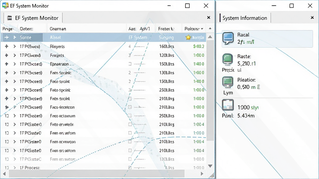 һ��չʾ�����б���ϵͳ��Ϣ������������ͼ������ΪEF System Monitor�Ľ��̹������ں�ϵͳ��Ϣ��壬����Ϊ���½ṹ���Ű����������Ϊ�����Լ�磬ϸ���Ͻ����б��������ͷ��ϵͳ��Ϣ��ͼ���ʶ�����ʸ��壬����ɾ����޶���Ԫ�أ����ڱ�����