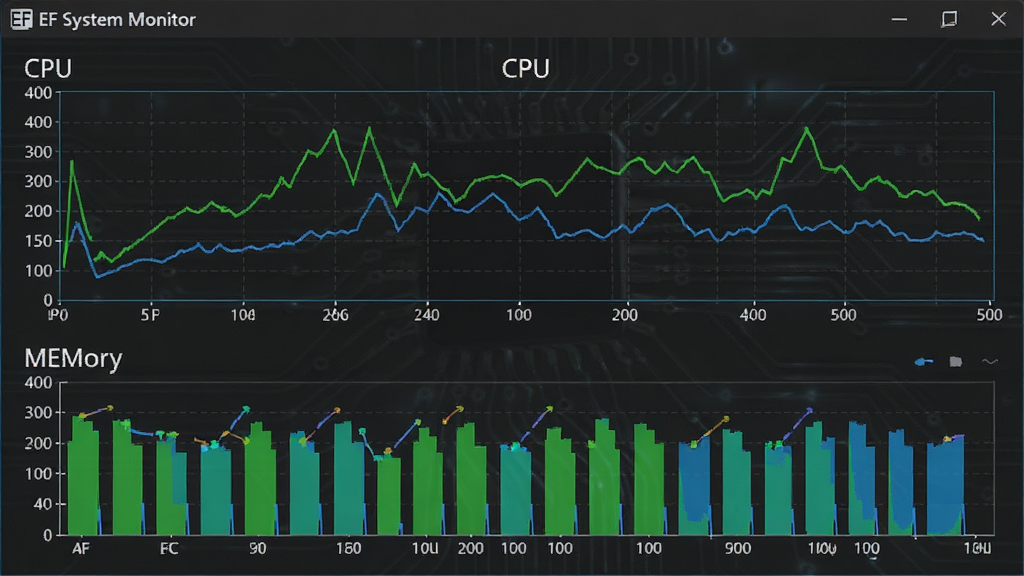 һ����дչʾ������Ļ��CPU���ڴ���ͼ����ͼƬ������ΪEF System Monitor��CPU����ͼ���ڴ���״ͼ��壬���־��У��Ű��࣬���Ϊ��ɫ�Ƽ��磬ϸ����������ɫΪ��ɫ����ɫ������Ϊ���ɫ�����ʸ��壬����ɾ����޶���Ԫ�أ�ͼ������