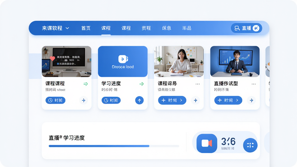 来课软件主界面全貌展示,居中布局,上方为导航栏与课程卡片,下方为学习进度与直播入口,整体采用清爽蓝白配色,风格现代简洁,细节包含课程缩略图、时间标签、按钮图标,画质高清,画面干净,无多余元素